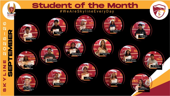 Collage of students recognized as Student of the Month for September 2025-26 at Skyline High School.