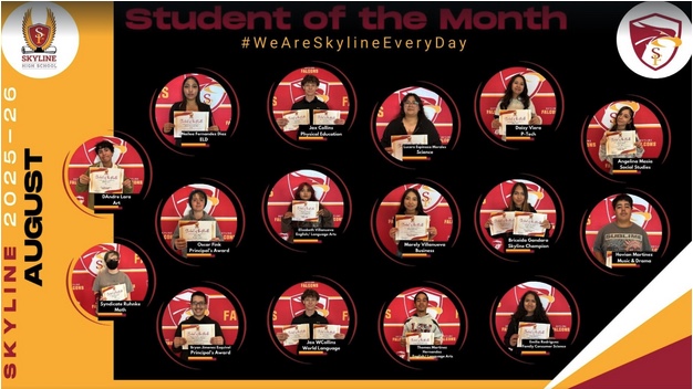 Collage de los alumnos del mes de agosto de 2025-26 de Skyline High School, cada uno sosteniendo premios con sus nombres y asignaturas.