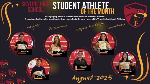 Los estudiantes deportistas del mes de agosto de 2025 de Skyline High School, que muestran los logros y valores de seis deportistas.
