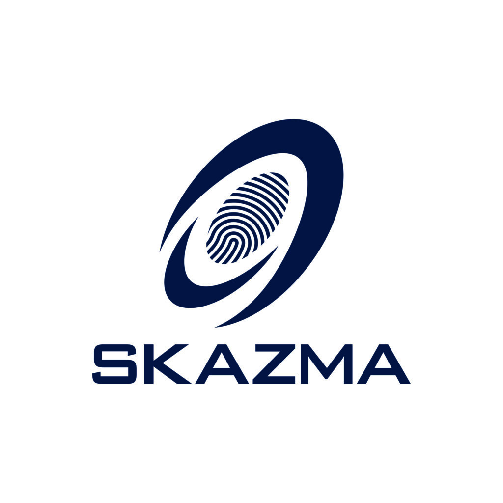 Logo featuring a stylized fingerprint inside an oval shape, with the text "SKAZMA" below in bold letters.