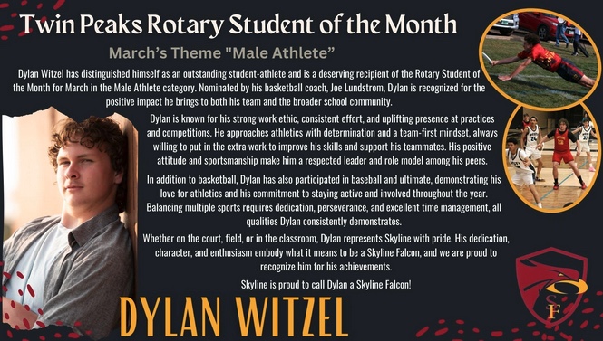 Image features a male student, Dylan Witzel, highlighted as the Rotary Student of the Month for March, celebrating his athletic achievements.