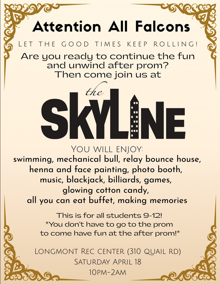 Event flyer for an after-prom party at Longmont Rec Center, featuring activities like swimming, games, and an all-you-can-eat buffet.