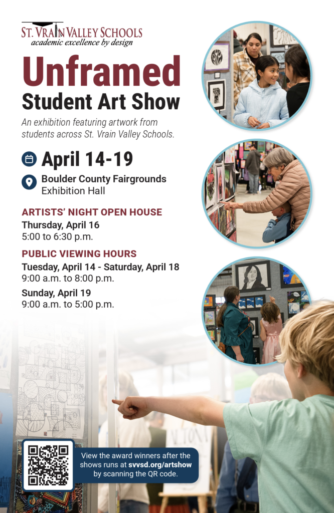 Promotional poster for the Unframed Student Art Show, featuring event details and images of attendees viewing artwork.