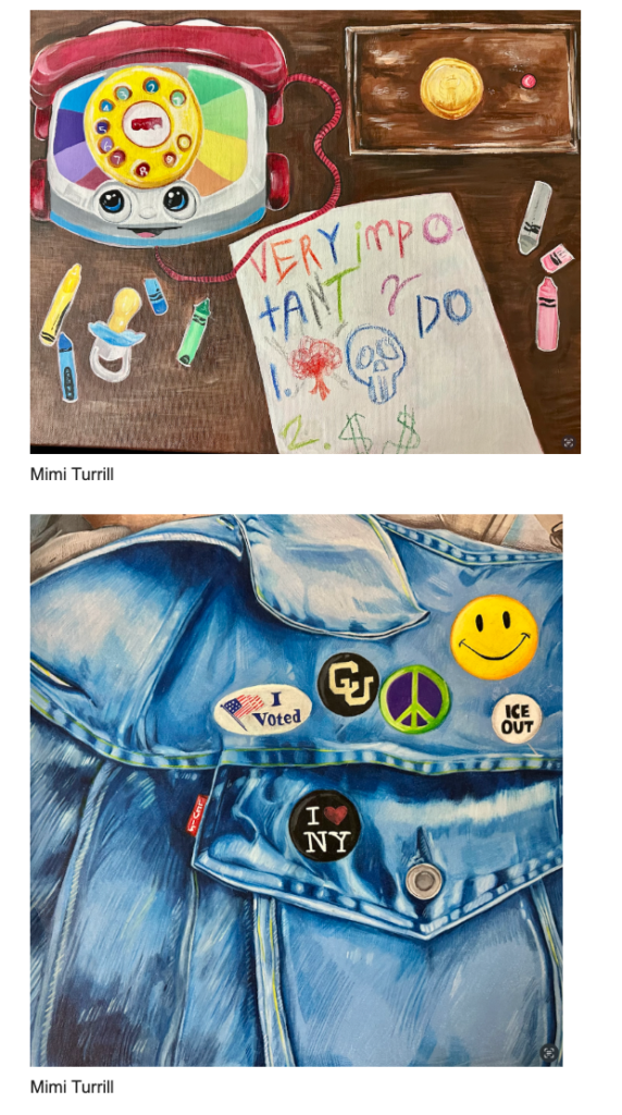Mimi Turril 2 images art work top image play telephone with crayons and pacifier  next to coloring sheet and bottom image jean jacket with different pins