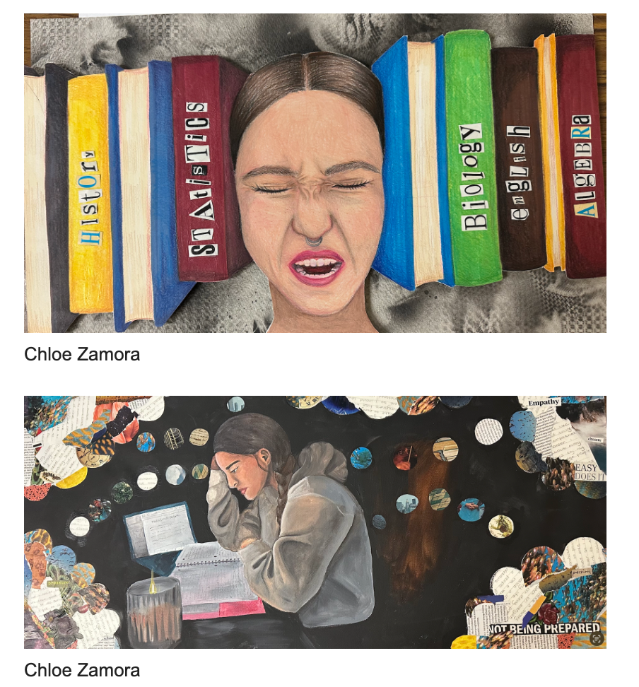 Chloe Zamora Art work 2 images top image fave between subject books and bottom image teen girl sitting down thinking  with her notebook and her thought around