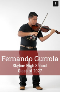 A young man playing a violin, wearing a black shirt and black pants, with text overlay about his graduation class.