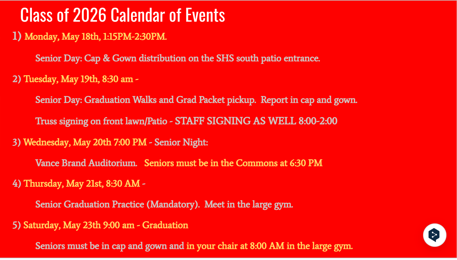 Class of 2026 event schedule, including Senior Day, Senior Night, graduation practice, and graduation details.