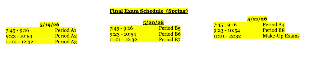 Final exam schedule for May 19-21, 2026, with periods and times listed for each day.
