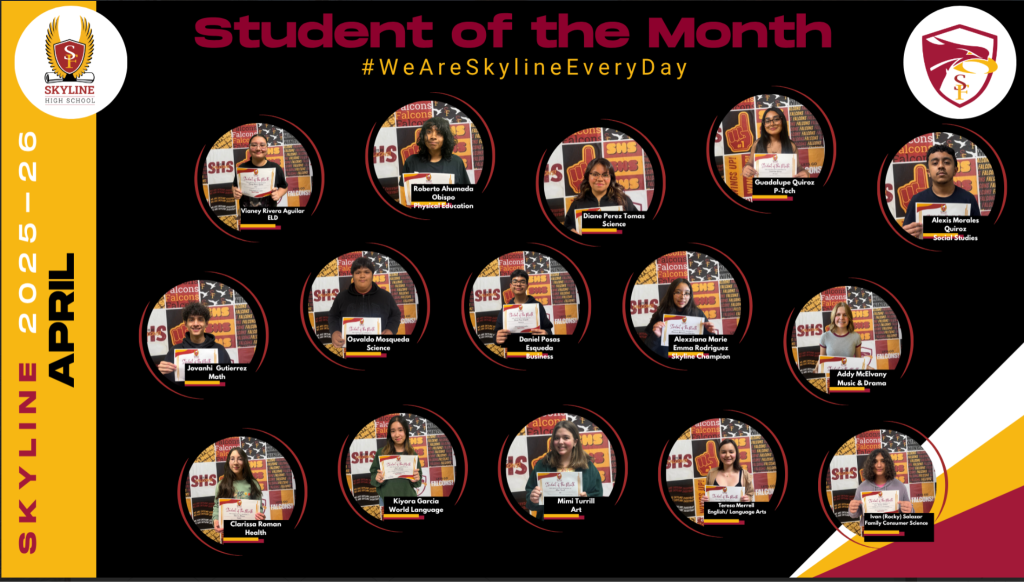Collage of students recognized as "Student of the Month" for April 2025-26 at Skyline High School, showcasing their achievements.