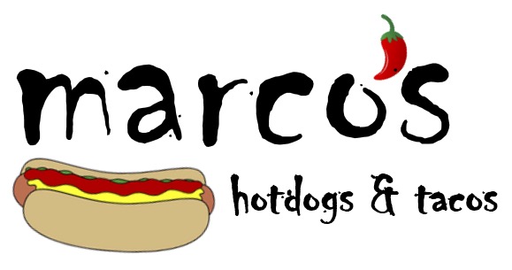 Logotipo de «Marcos Hotdogs & Tacos» en el que aparecen un perrito caliente y una guindilla.