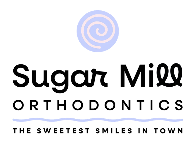 Logotipo de Sugar Mill Orthodontics con un diseño en espiral y el eslogan «Las sonrisas más dulces de la ciudad».