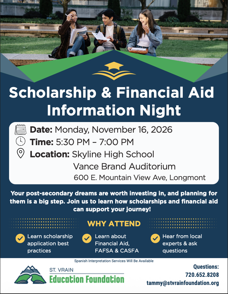 Flyer for a Scholarship & Financial Aid Information Night on November 16, 2026, at Skyline High School.