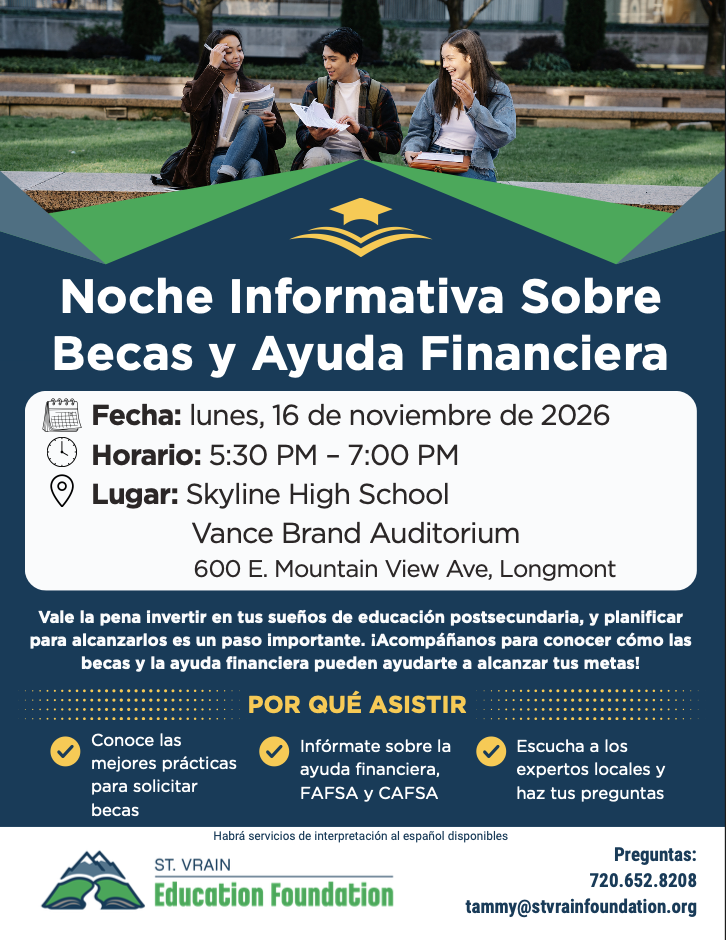 Spanish Flyer for a Scholarship & Financial Aid Information Night on November 16, 2026, at Skyline High School.